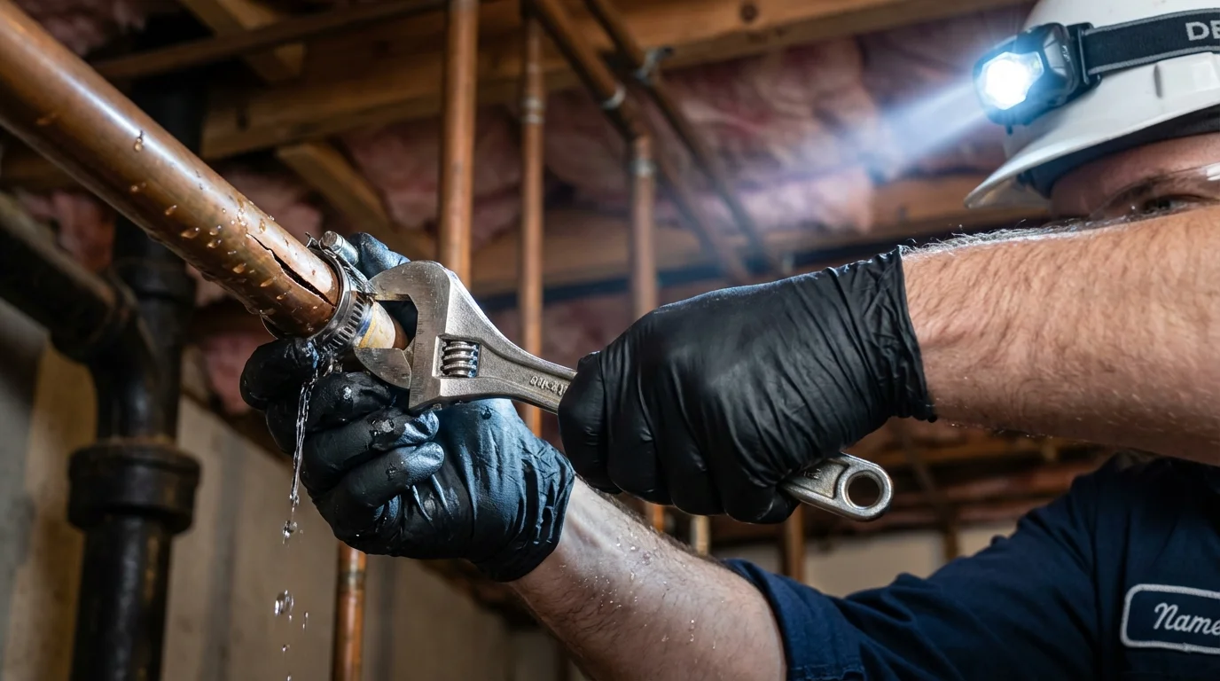 Emergency pipe clamp repair being performed by a Johns Plumbing LLC plumber in Cullman